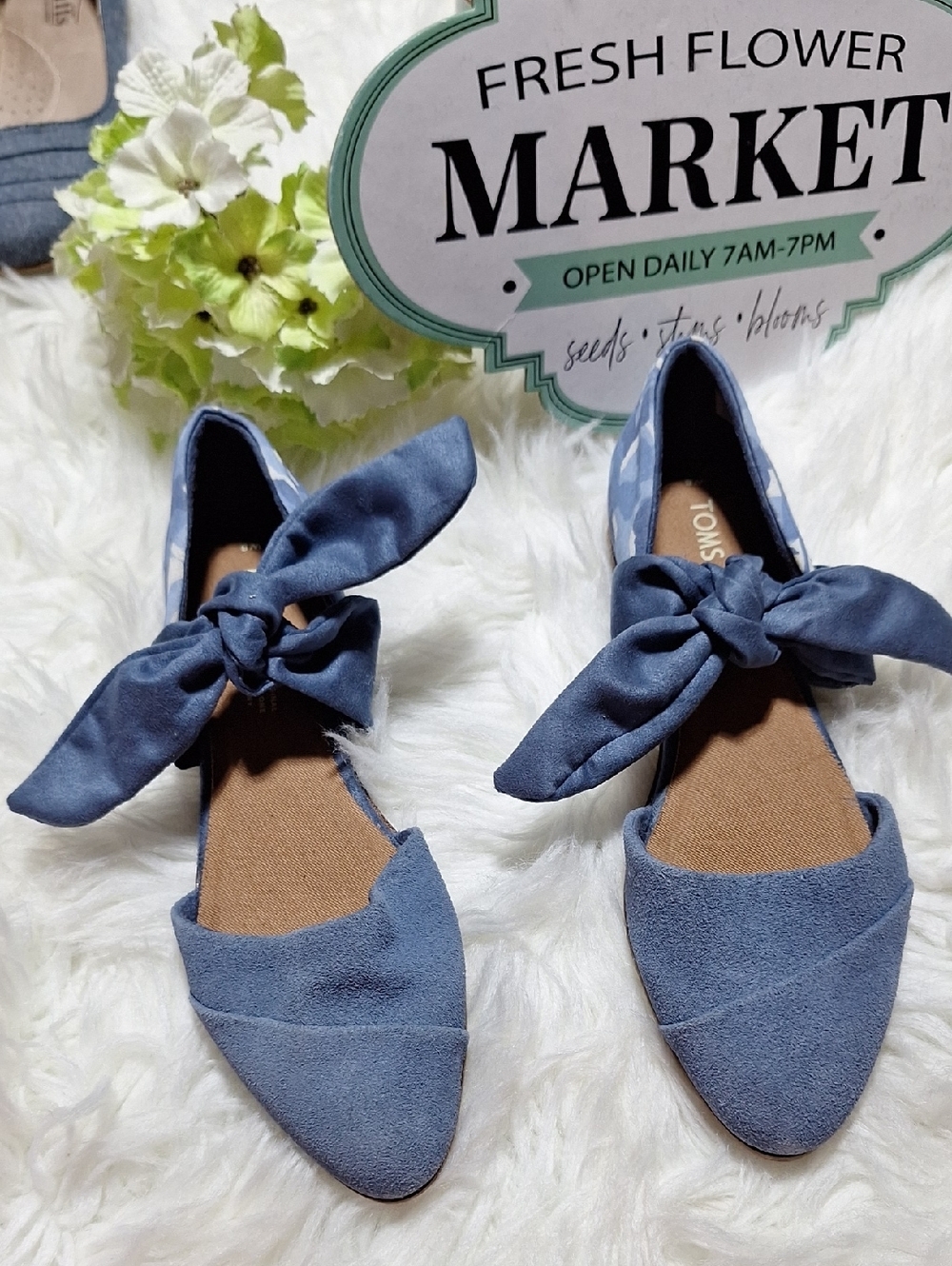 TOMS Powder Blue Suede D'Orsay Flats with Bow Tie